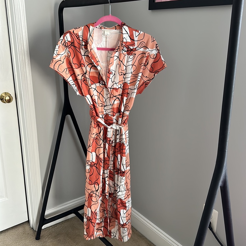 Monki Abstract Face Tie Waist Midi Shirt Dress Camo Pink Size XS